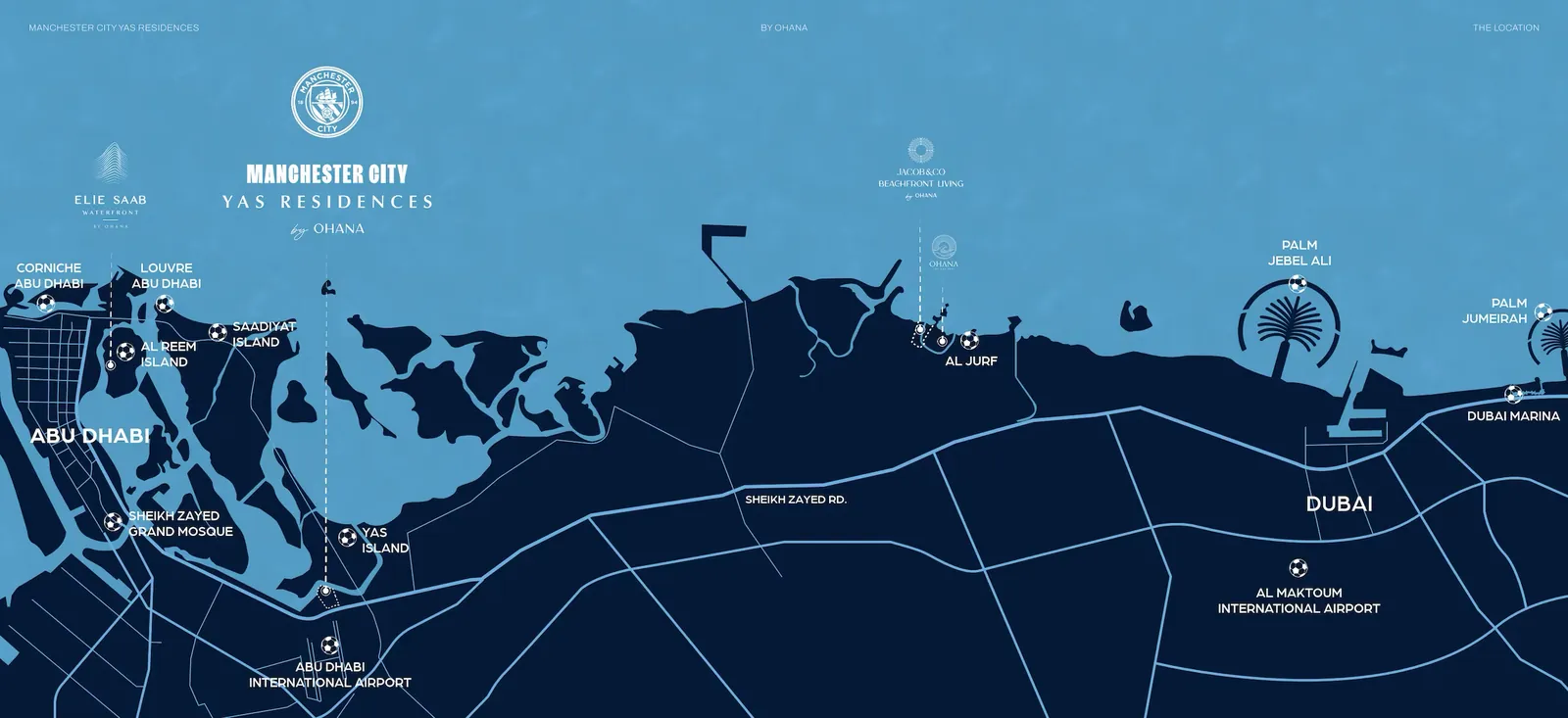 Map of Abu Dhabi and Dubai showing Manchester City Yas Residences on Yas Island