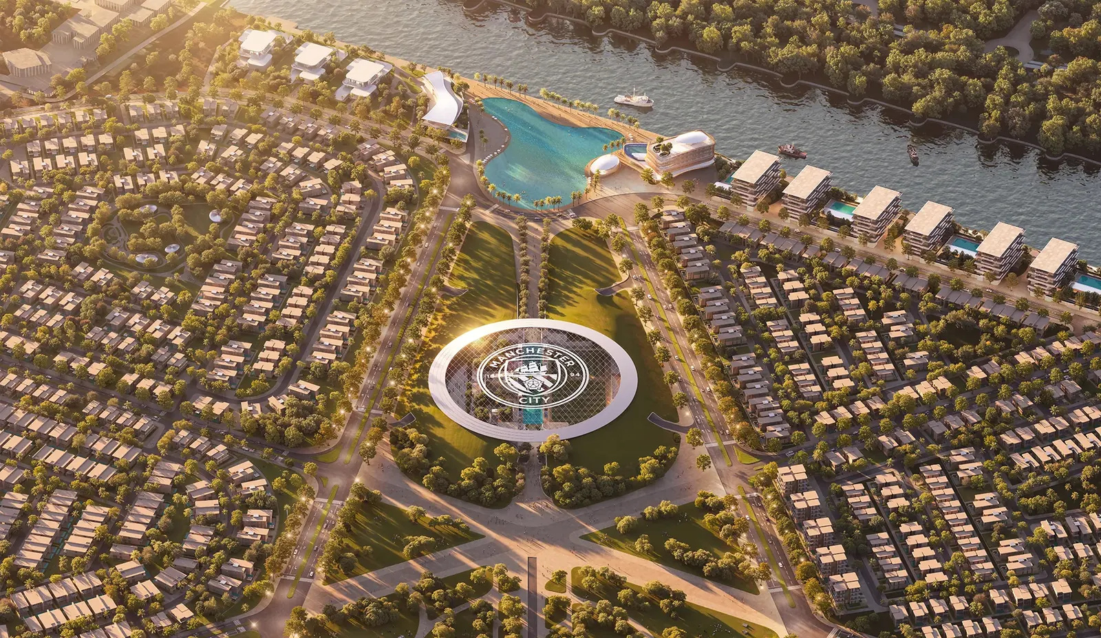 Aerial masterplan render of the community along Yas Canal, centred on the Manchester City crest plaza