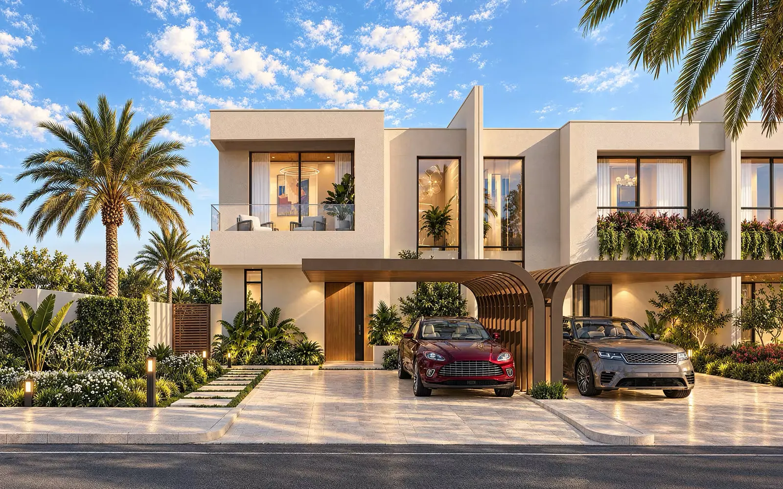 Contemporary villa façade with palms at Manchester City Yas Residences